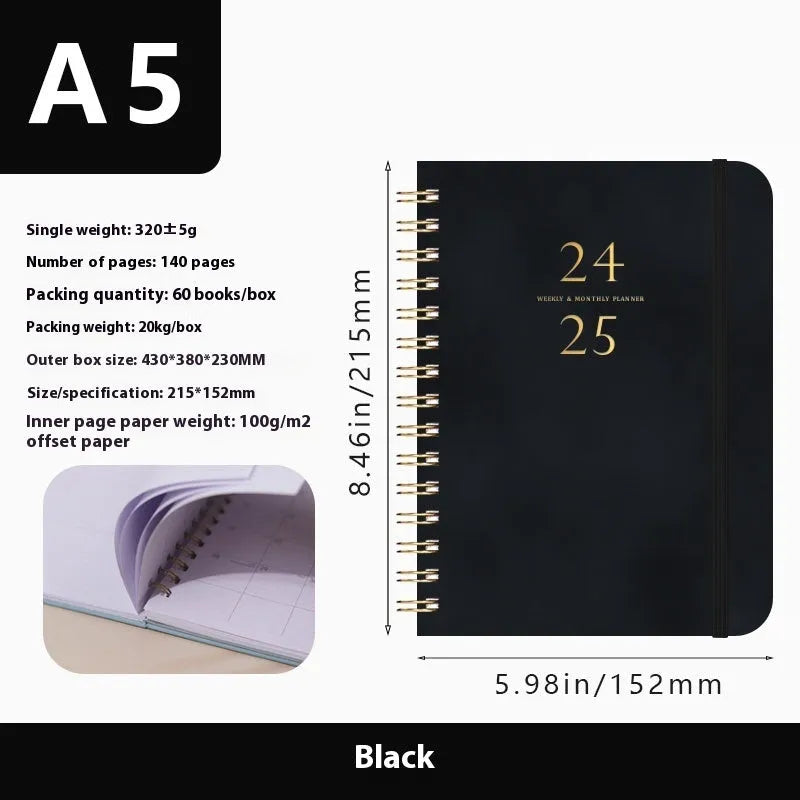 A5 size PU leather notebook with metal coil binding in a choice of colours including black, blue, brown, and pink.