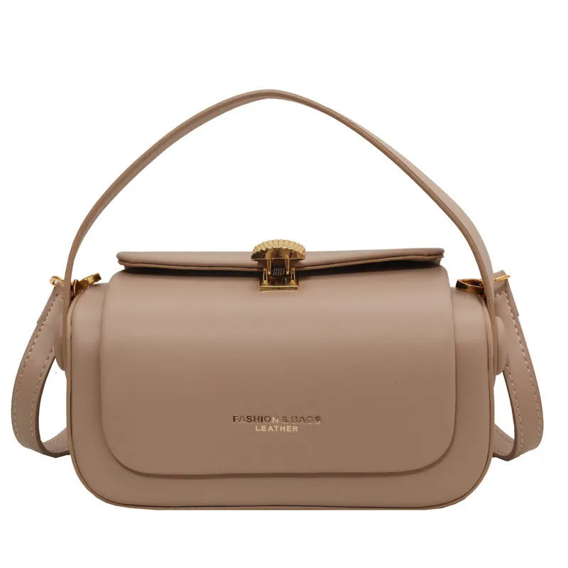 Women's personalised PU leather shoulder messenger bag in black, beige, pink, or khaki with lettering detail.
