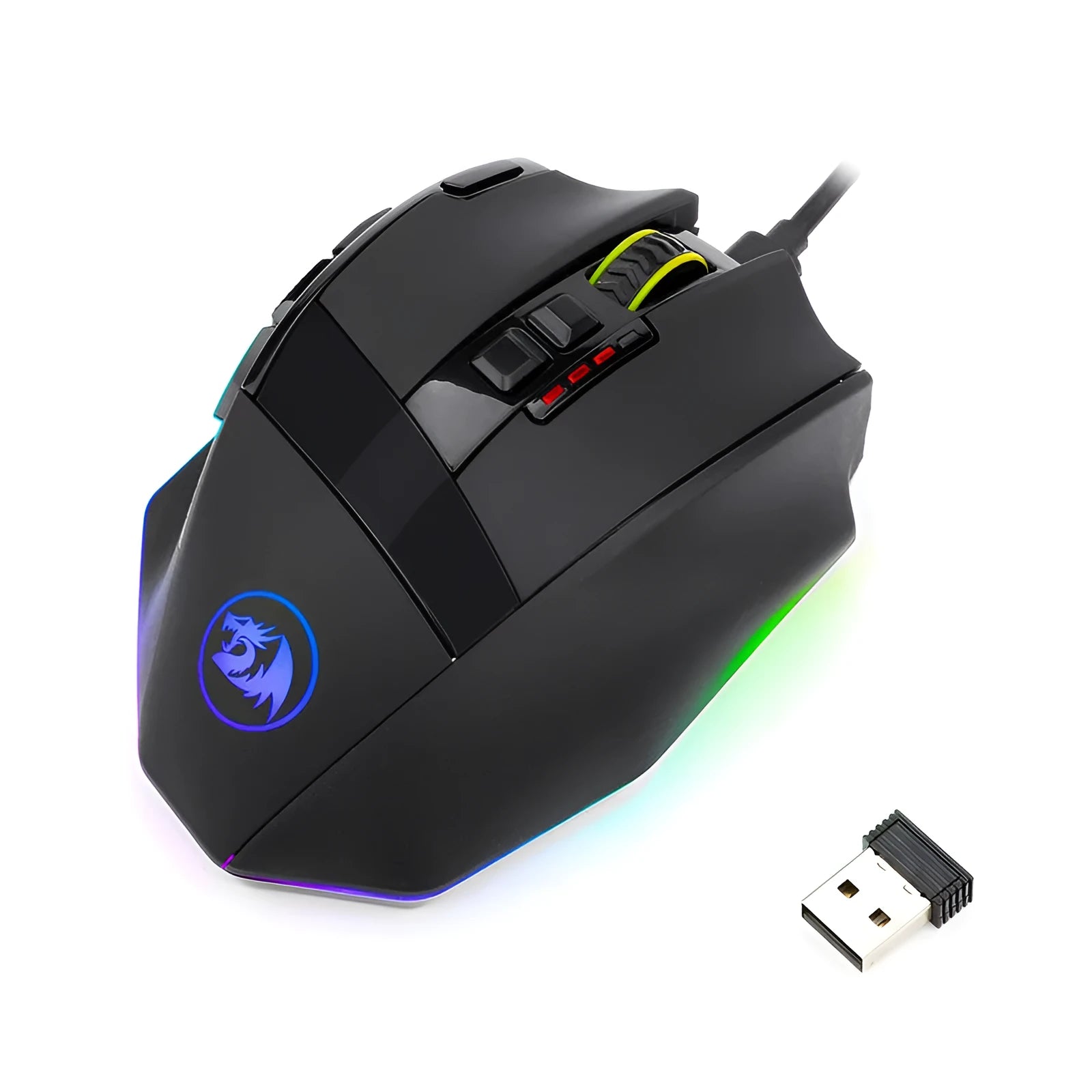 Black Redragon M801P gaming mouse with nine buttons, wireless and wired dual mode connectivity