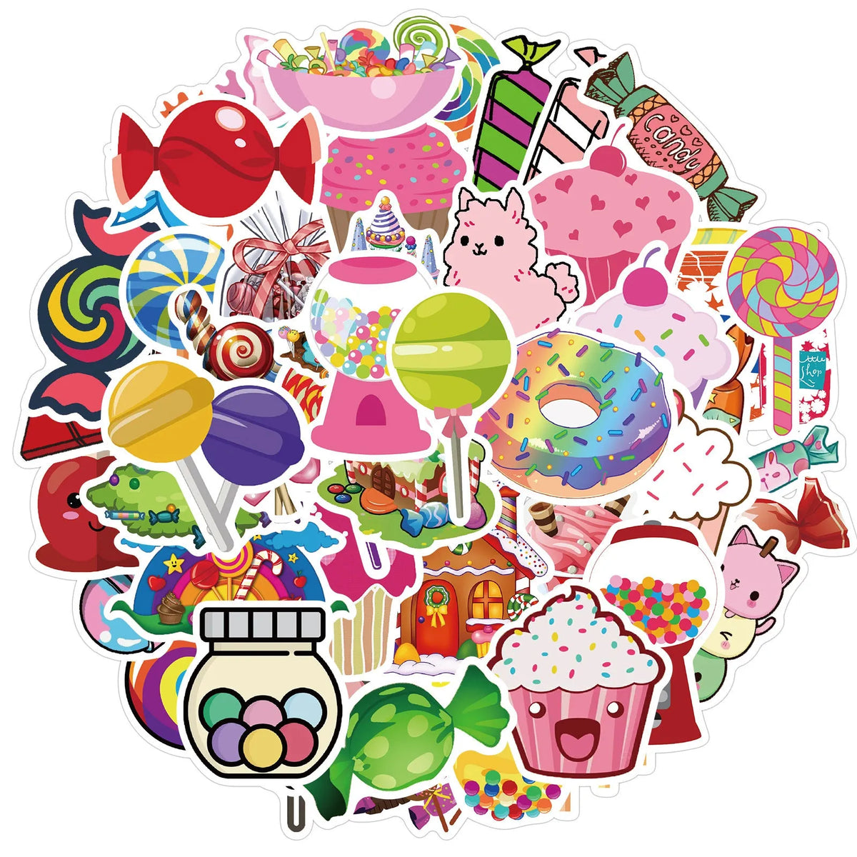 Pack of 50 pink candy-themed graffiti and cartoon stickers on a white background.