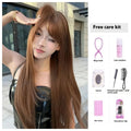Warm brown long straight synthetic wig with bangs made from high temperature fibre