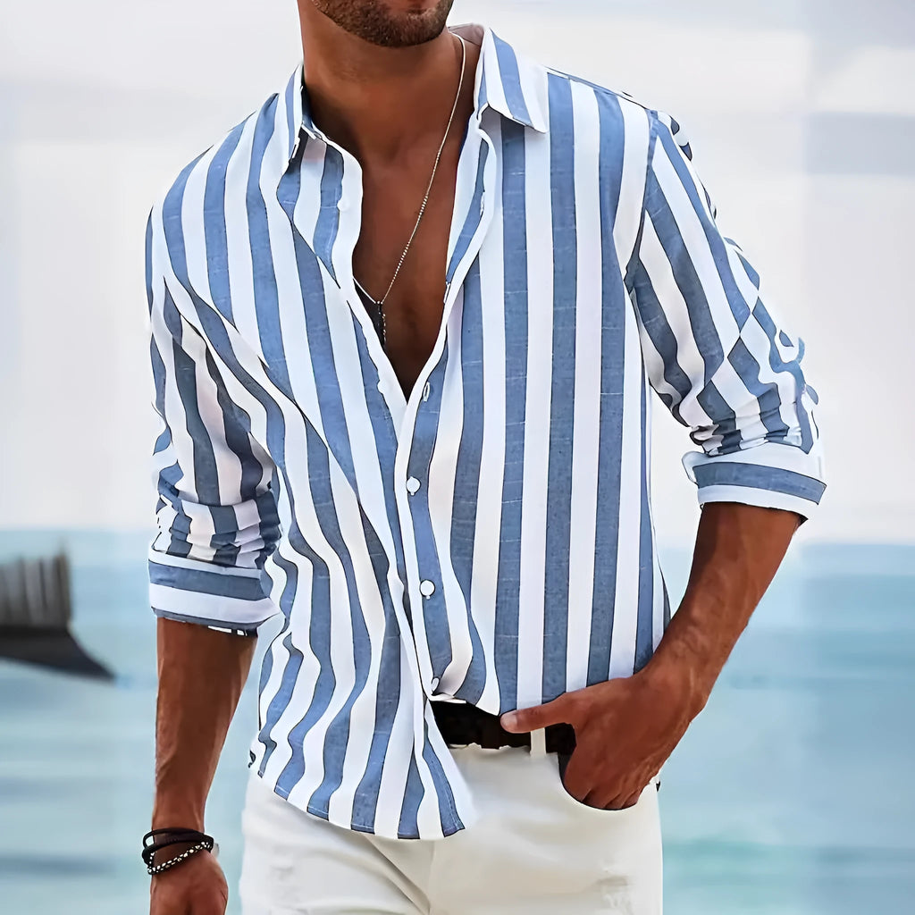 Men's yarn-dyed striped casual shirt in British-style loose fit with long sleeves