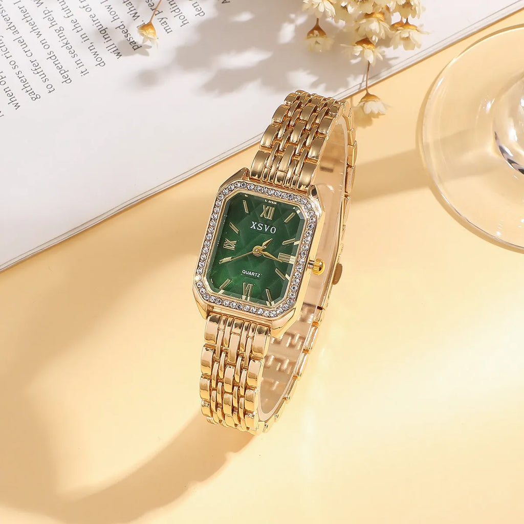 Gold green square steel ladies watch with four matching butterfly bracelets in complete fashion jewellery set
