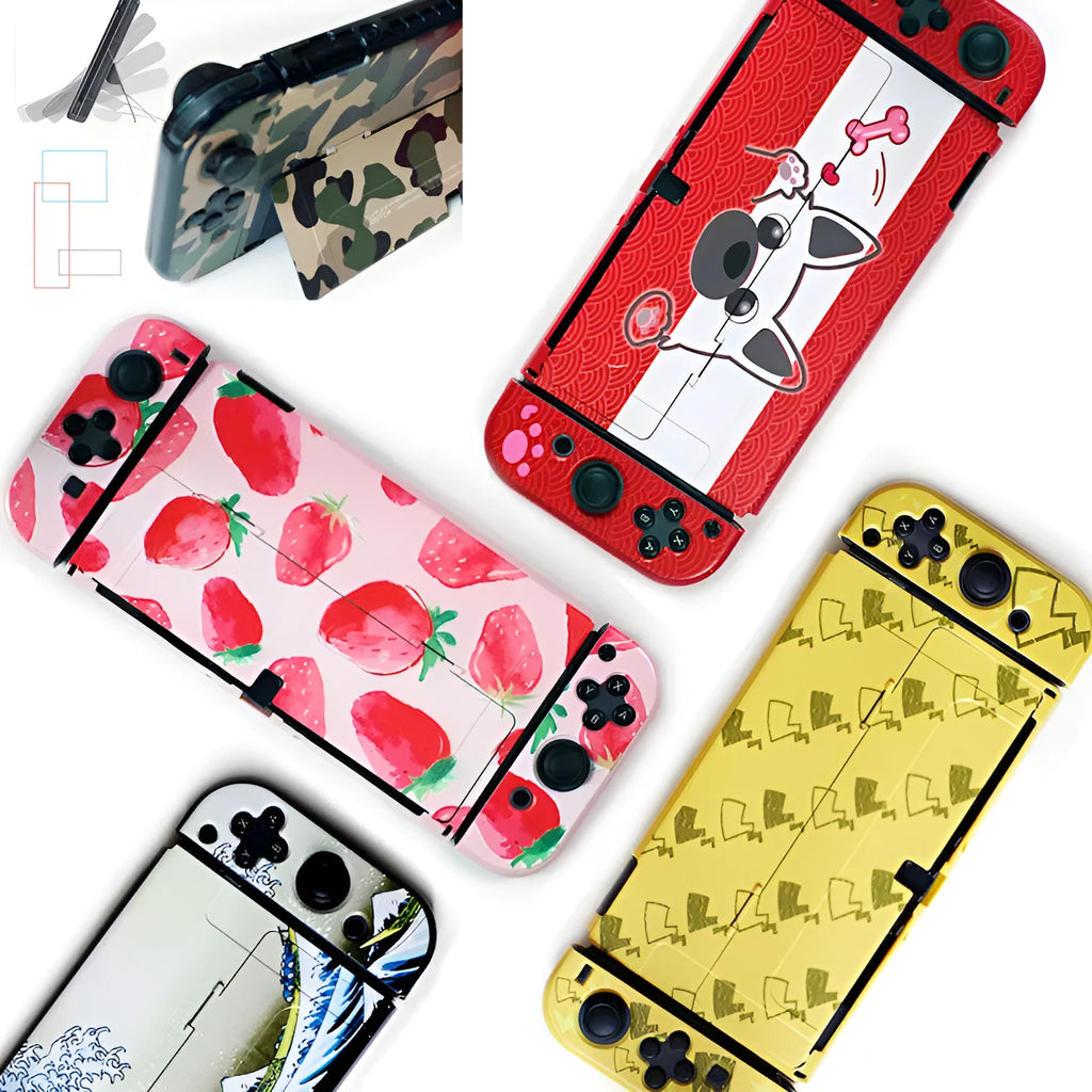 Clear Nintendo Switch OLED hard protective case with cartoon pattern design showing analogue stick caps.