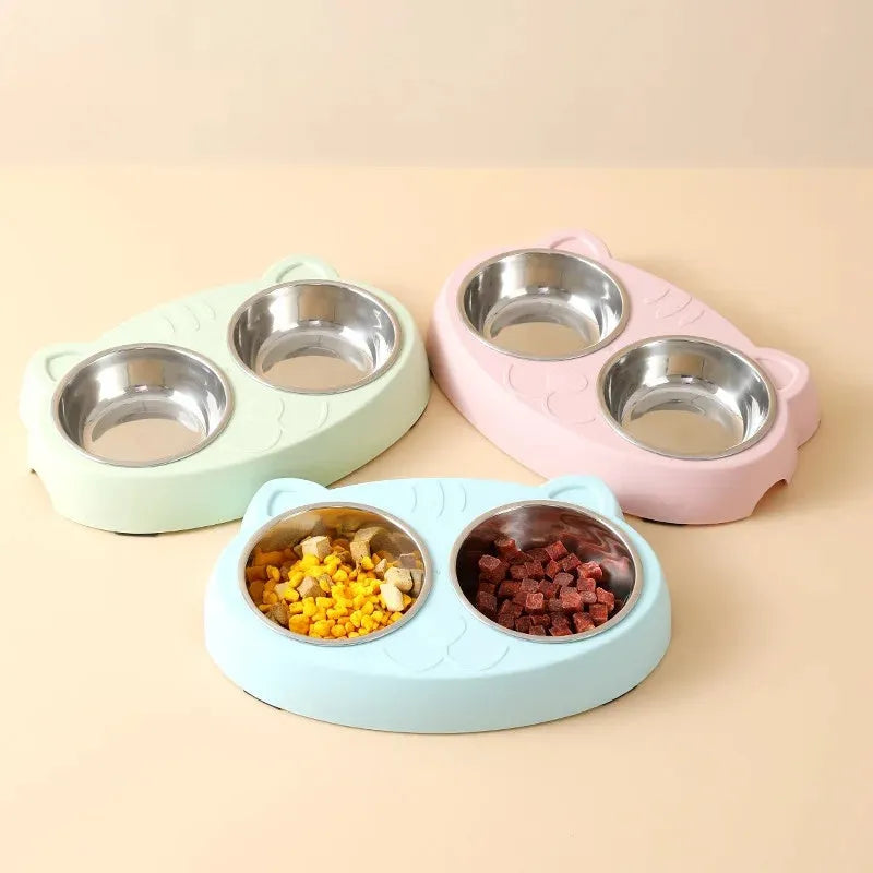 Macaron-shaped plastic double bowl pet feeder in blue colour with separate food and water compartments