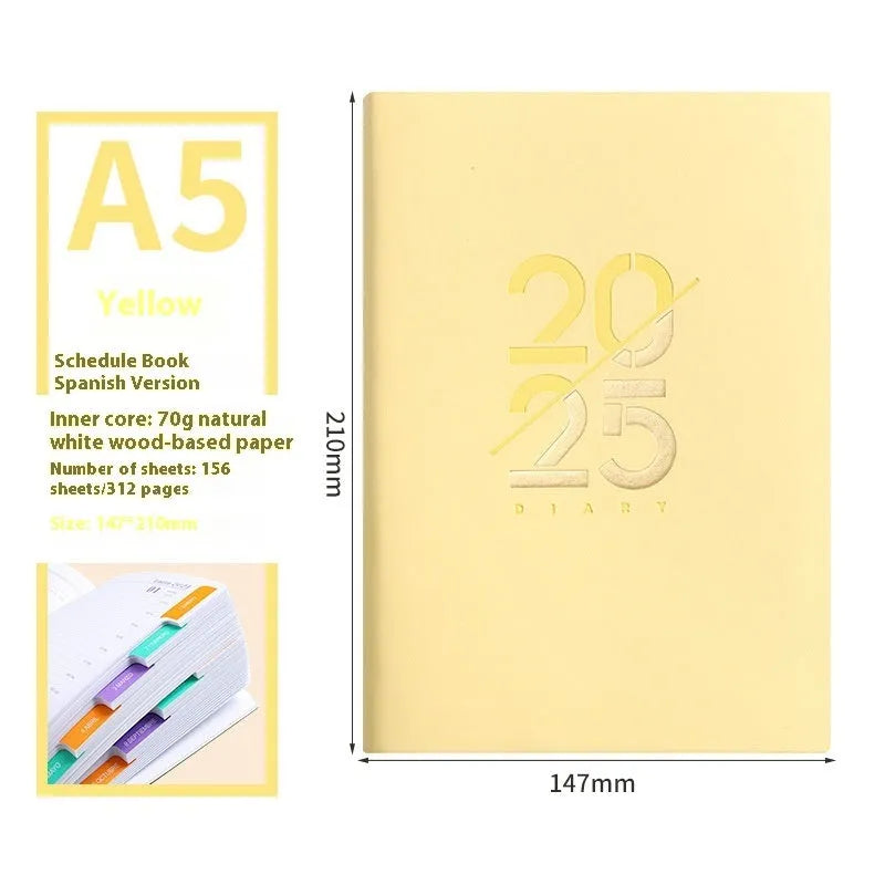 A5 2025 daily planner schedule book with faux leather cover shown in blue colour option