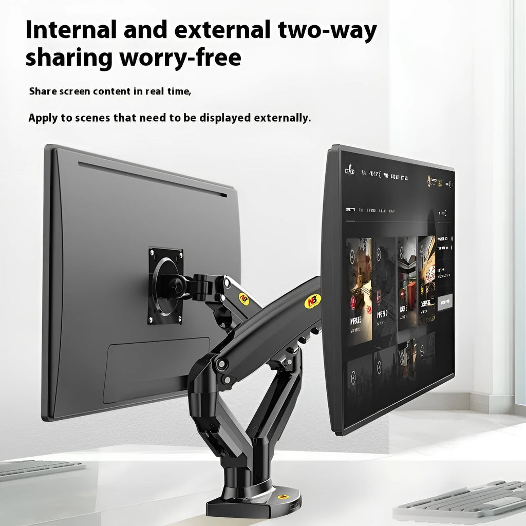 Dual monitor desk mount bracket in black or white with height adjustment mechanism