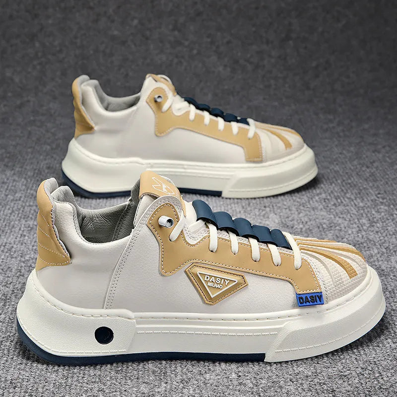 Men's beige low-top sneakers with elastic band and microfiber upper