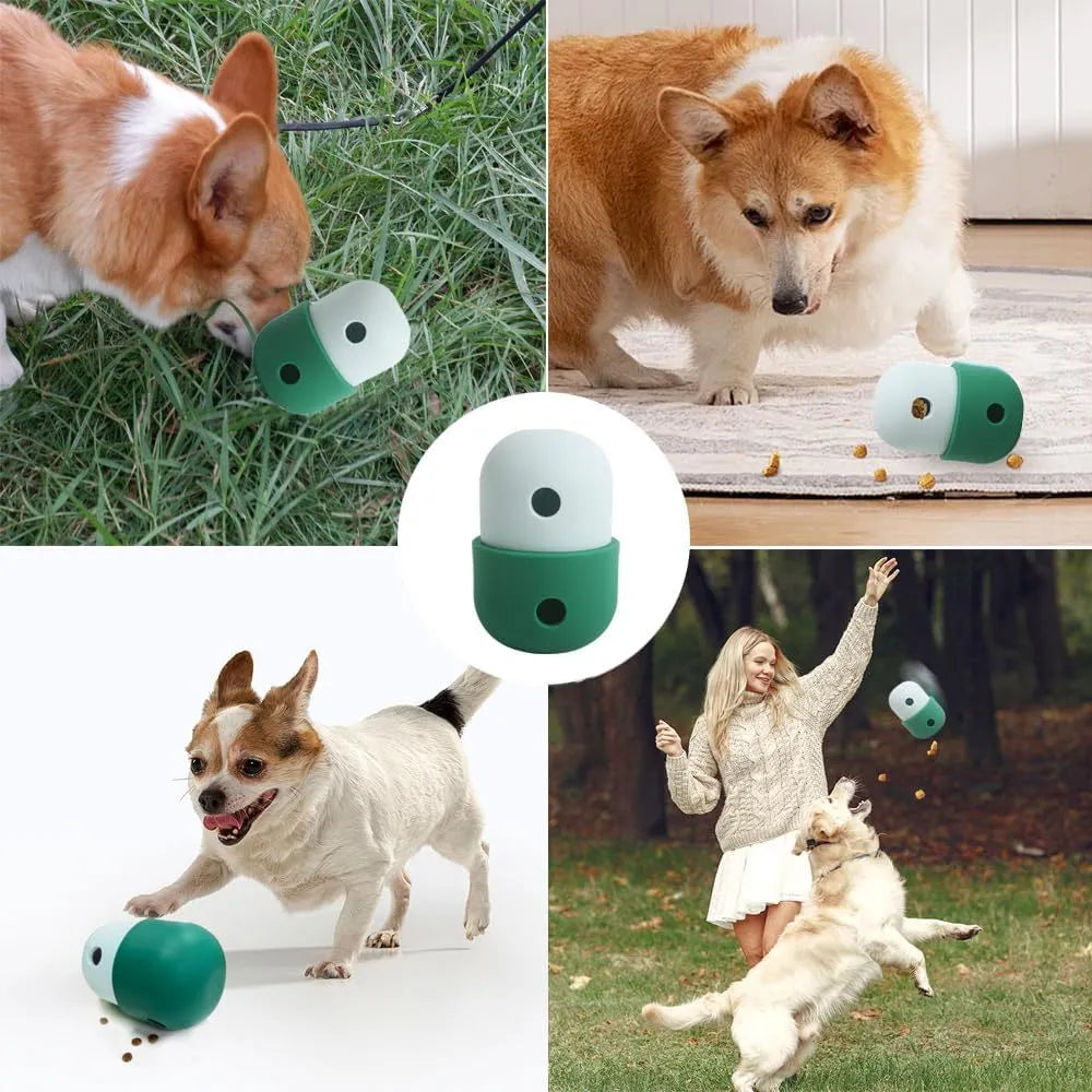 White and blue food grade silicone dog treat puzzle ball measuring 8x11cm