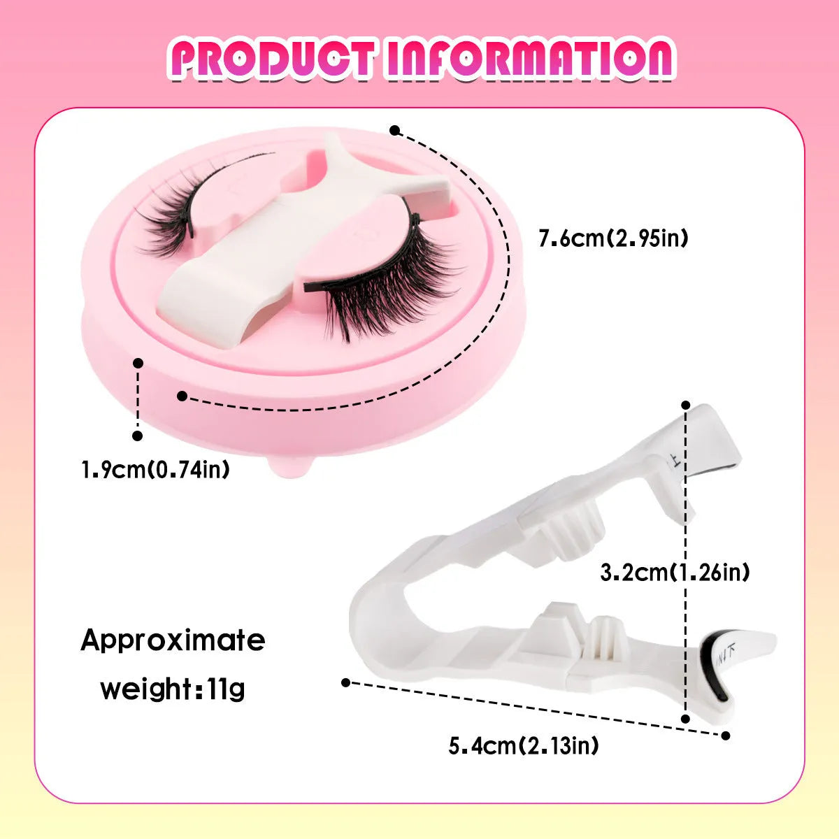 Reusable waterproof false eyelashes with glue-free application showing 0.6mm-1.1mm thickness range