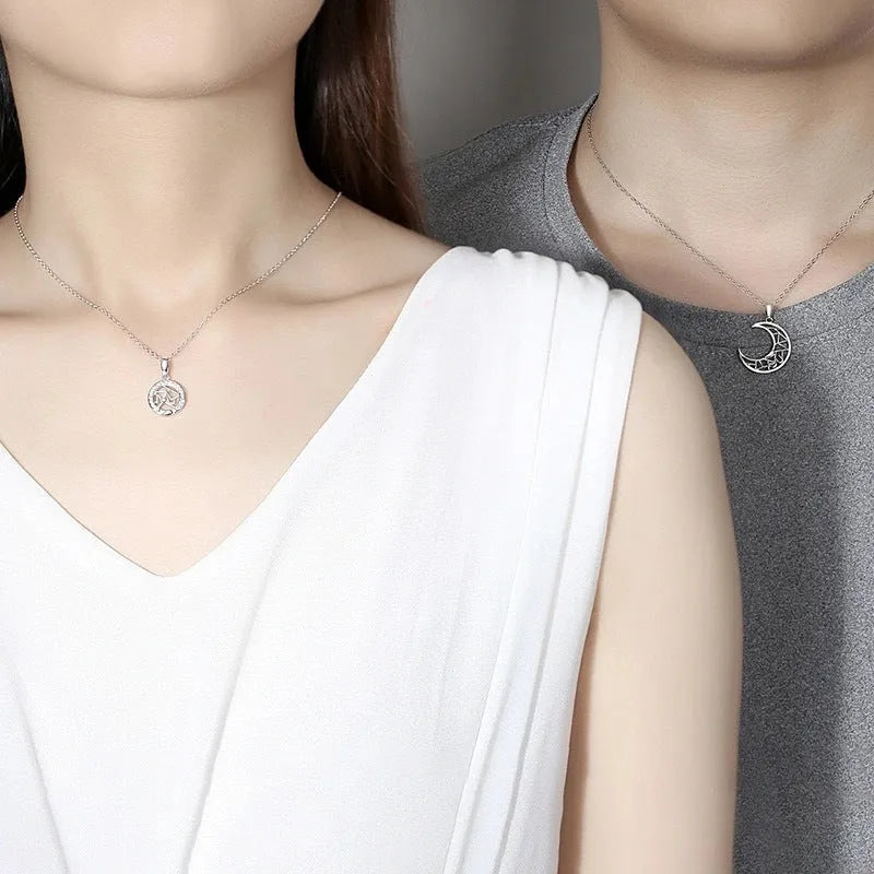 Sun and moon tooth couple necklace with copper pendants on cross chain