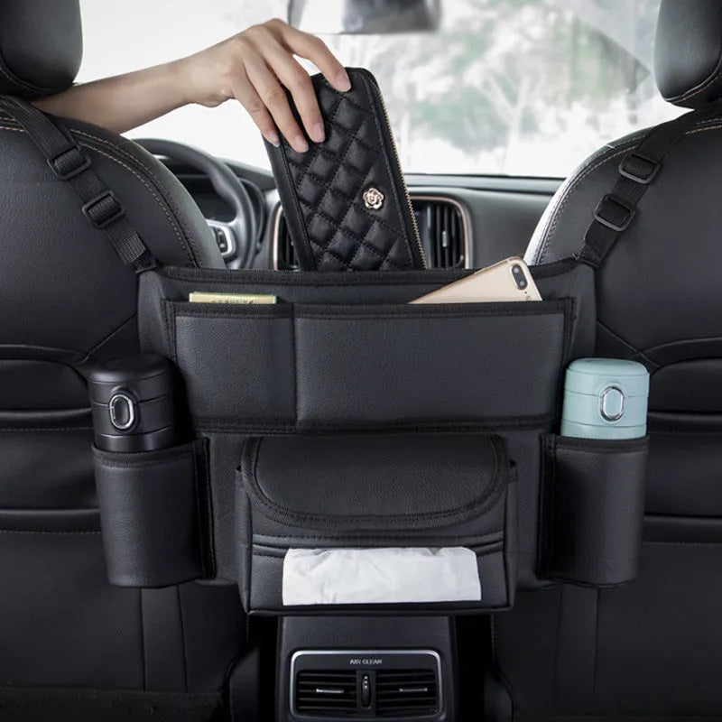 Leather car seat tissue storage bag with hanging armrest design between vehicle seats