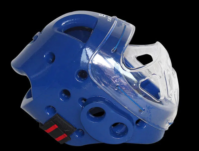 Karate helmet protective equipment in white, blue, or red colour with S, M, L, XL sizing options
