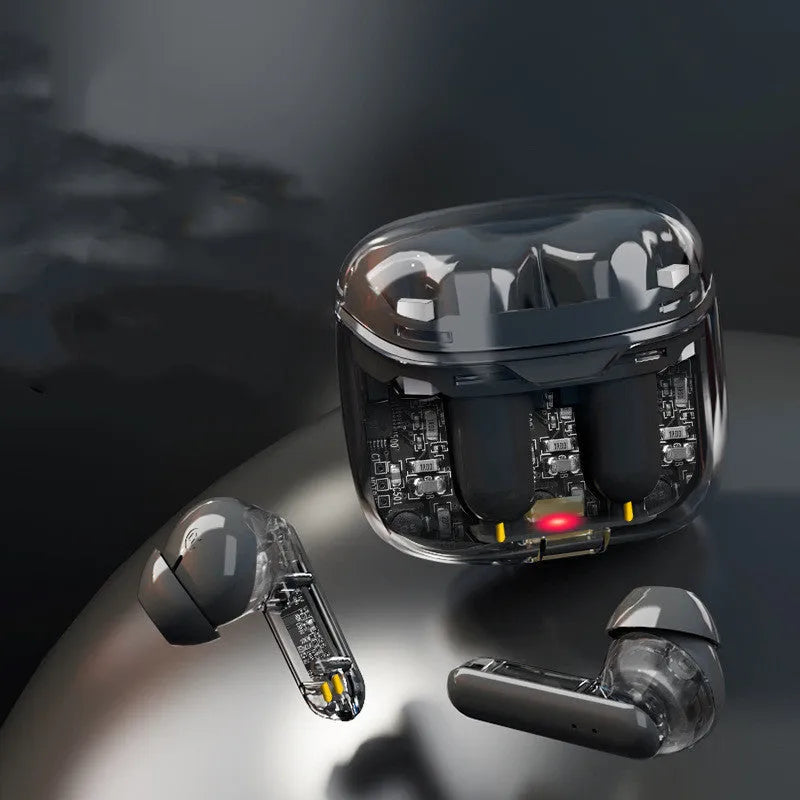 Transparent Bluetooth wireless headset showing internal components