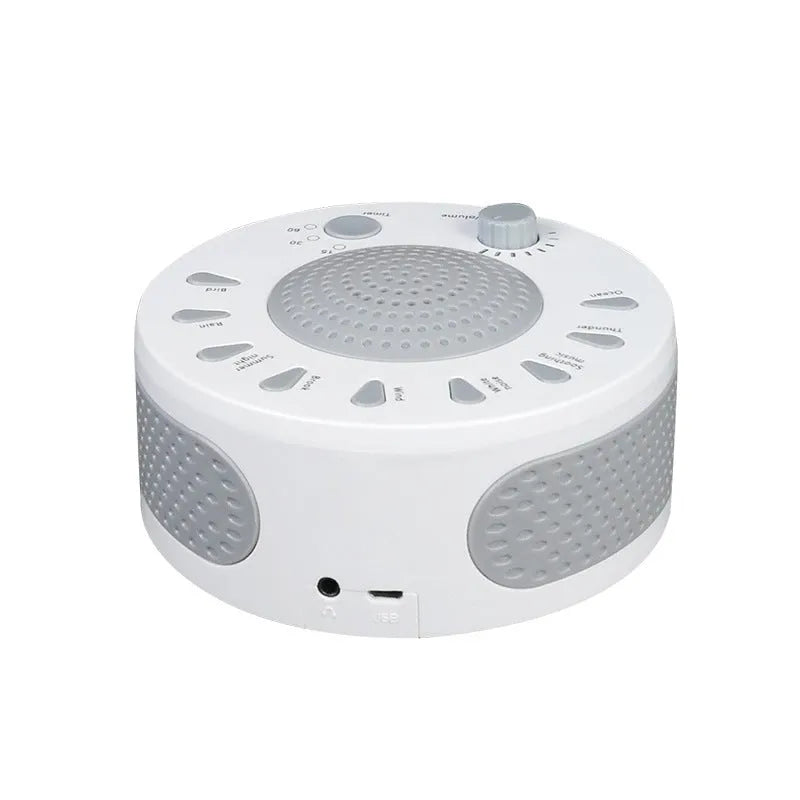 White noise sleep machine with volume knob and timer buttons showing compact portable design