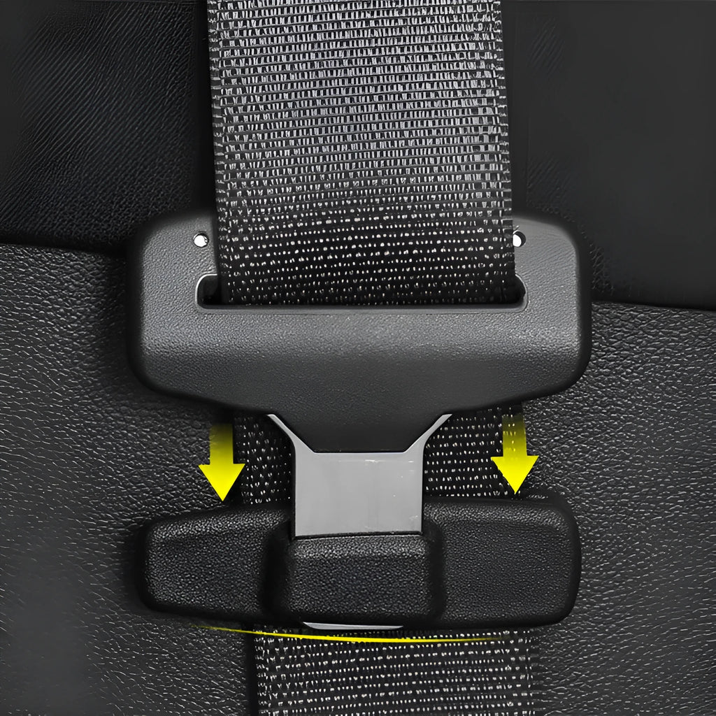 Black ABS plastic car safety belt stopper clip pack containing two universal seat belt fasteners
