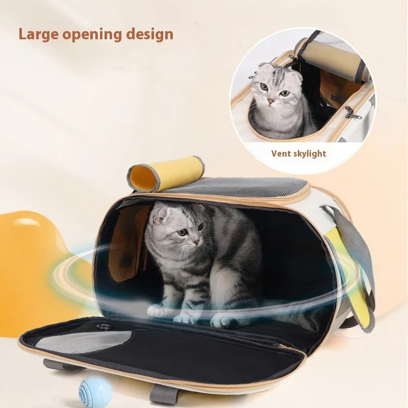 Foldable canvas pet shoulder bag shown in black, green, and yellow colour options
