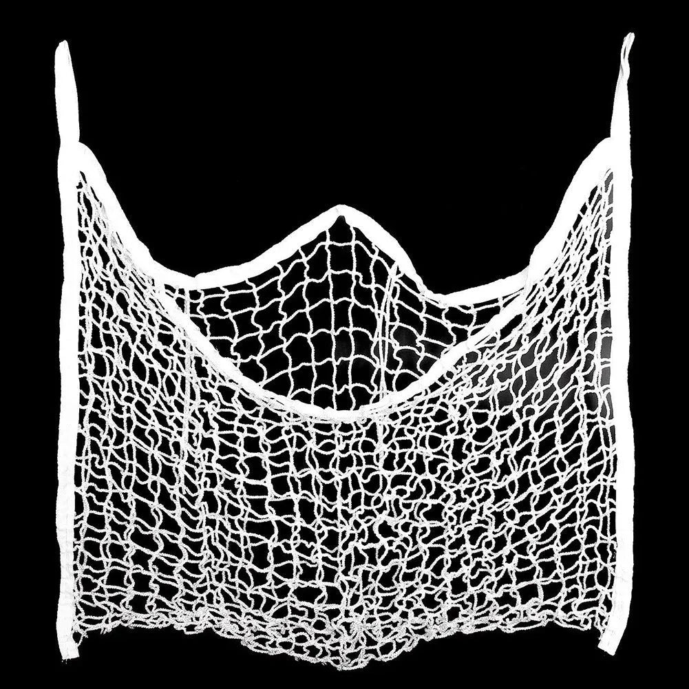 Woven grid hanging feeding bag for horses and livestock in black or white PE rope construction