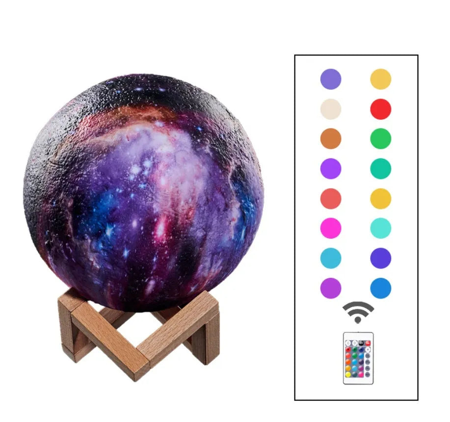 White 3D-printed moon lamp on a table showing crater details, with a remote control beside it.