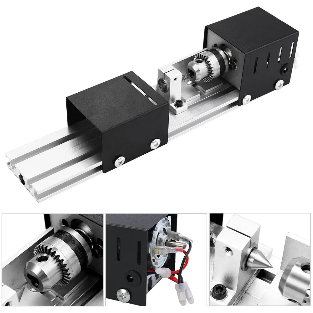 Silver metal manual mini woodworking lathe with carving tools on a workbench.