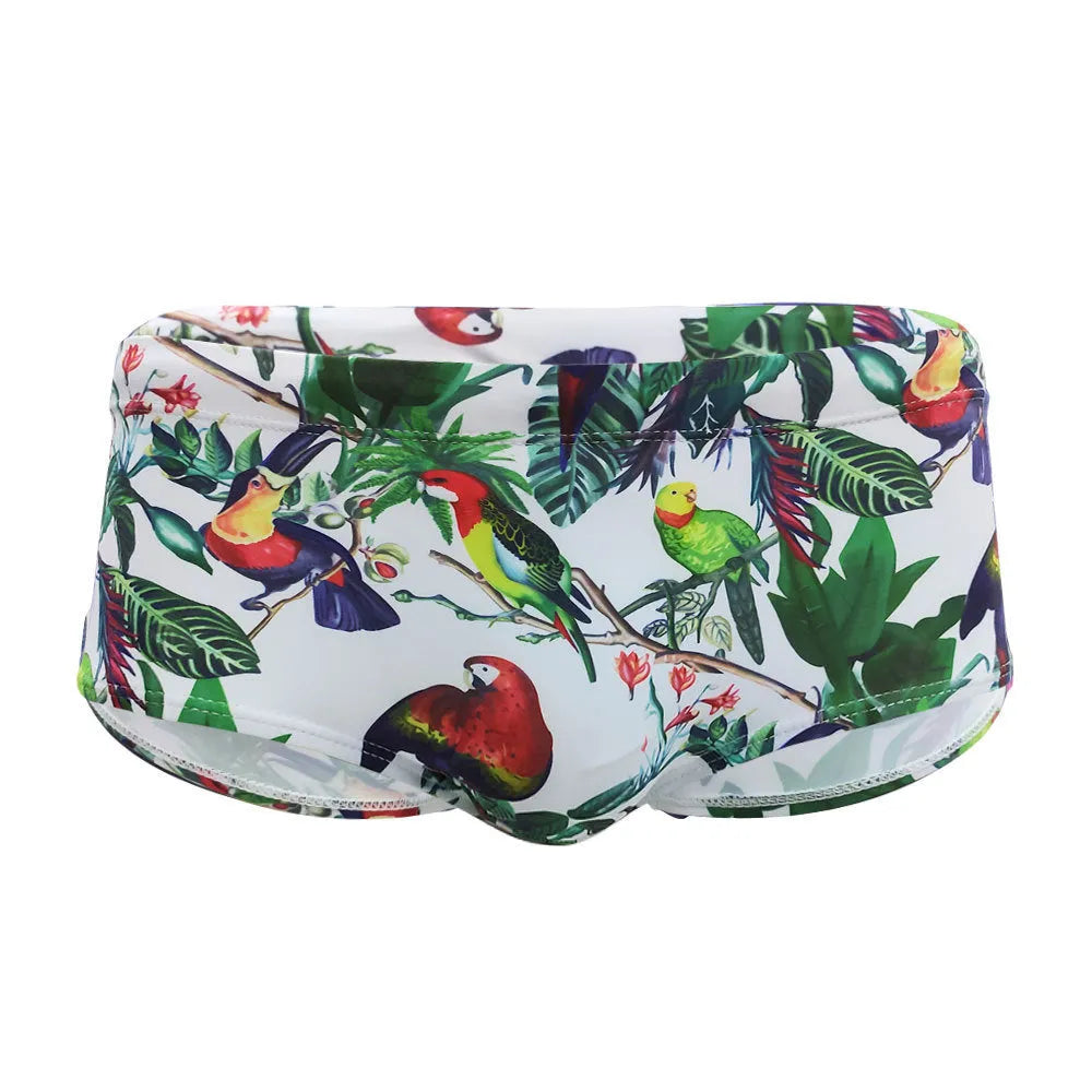 Men's flower and bird print swimming trunks in small boxer brief style with nylon fabric