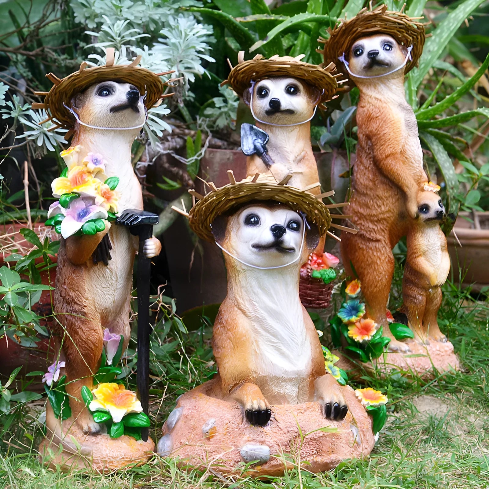 Yellow brown straw hat mongoose resin ornament with rake or shovel for garden decoration