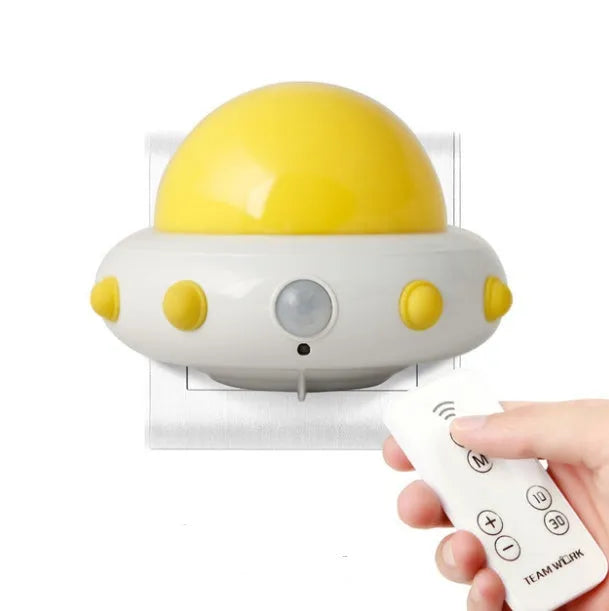 Remote control UFO bedside night light in blue colour with cartoon design
