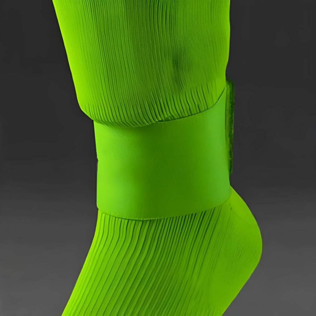 Rubber football shin guard tape belt showing black, blue, red, and white colour options with 25x6.5cm dimensions.