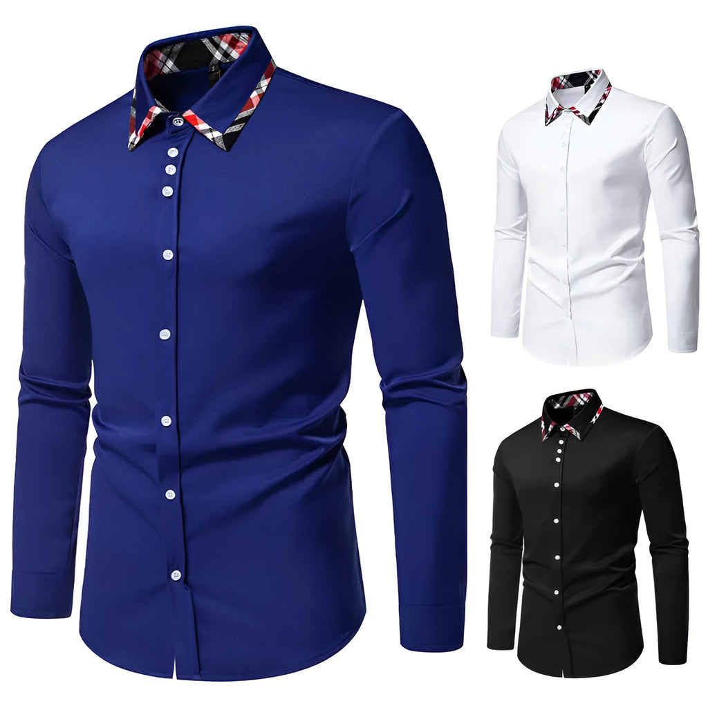 Men's plaid contrast colour long sleeve shirt with triangle collar in blue, black or white options