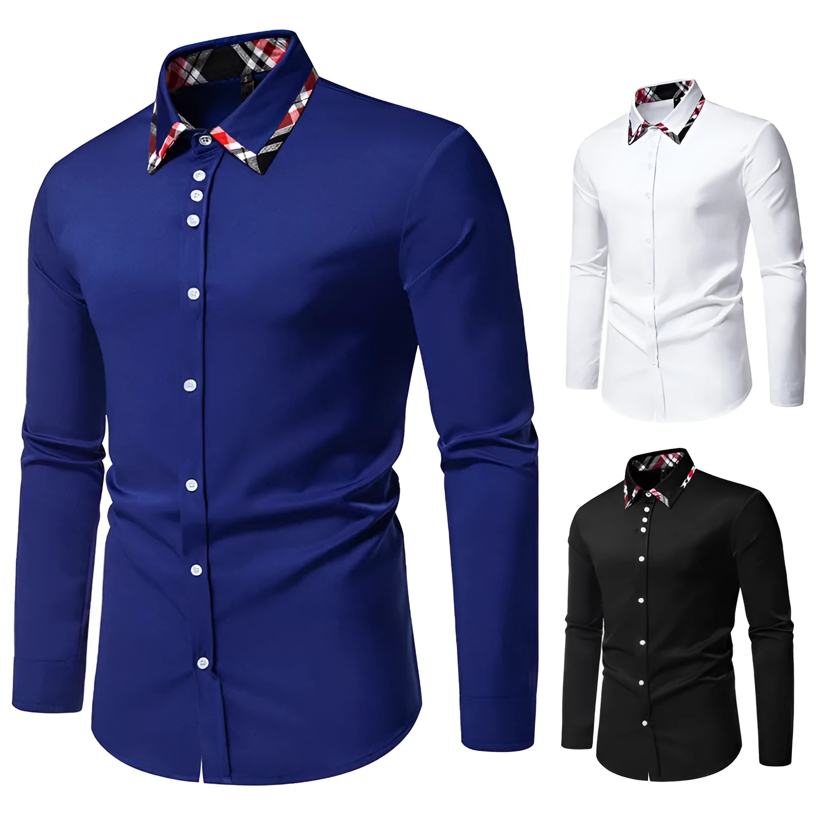 Men's plaid contrast colour long sleeve shirt with triangle collar in blue, black or white options