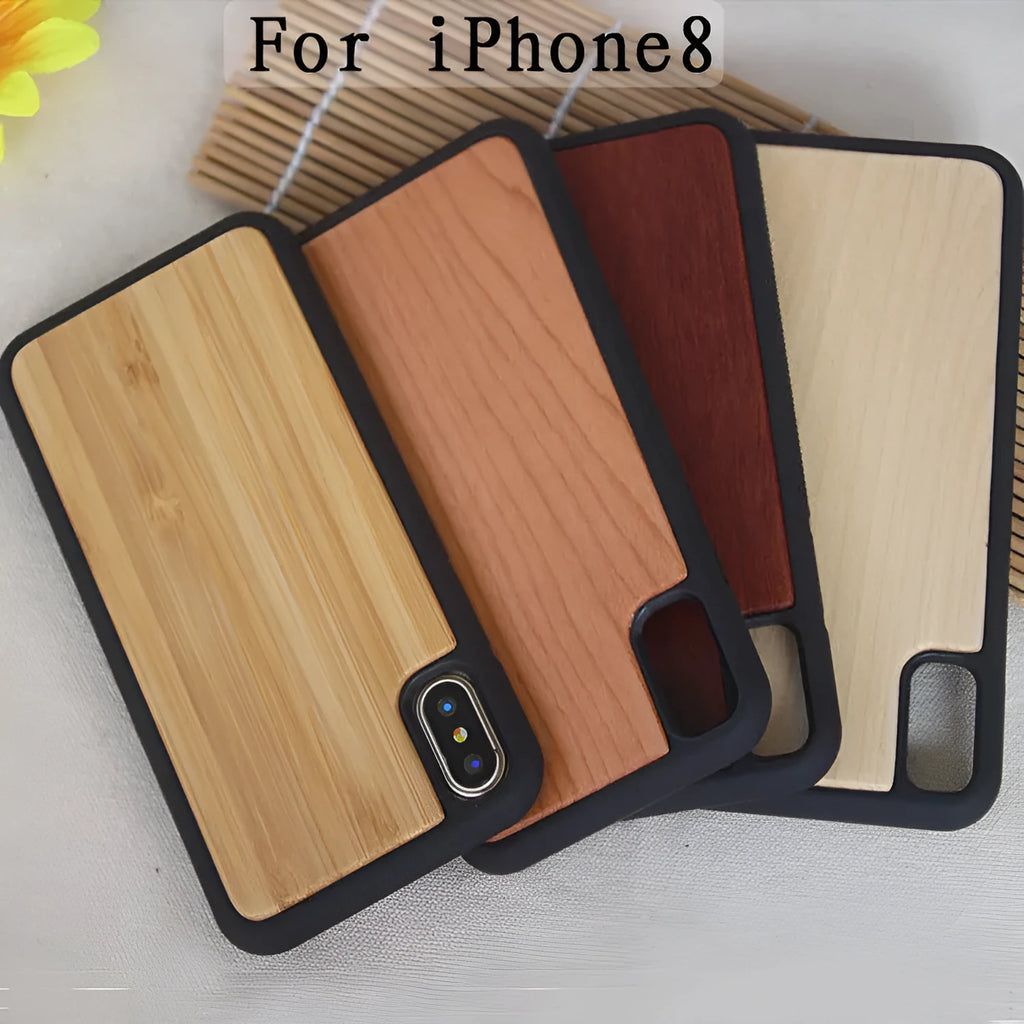 Wooden bamboo and TPU hybrid protective case for iPhone on a table.