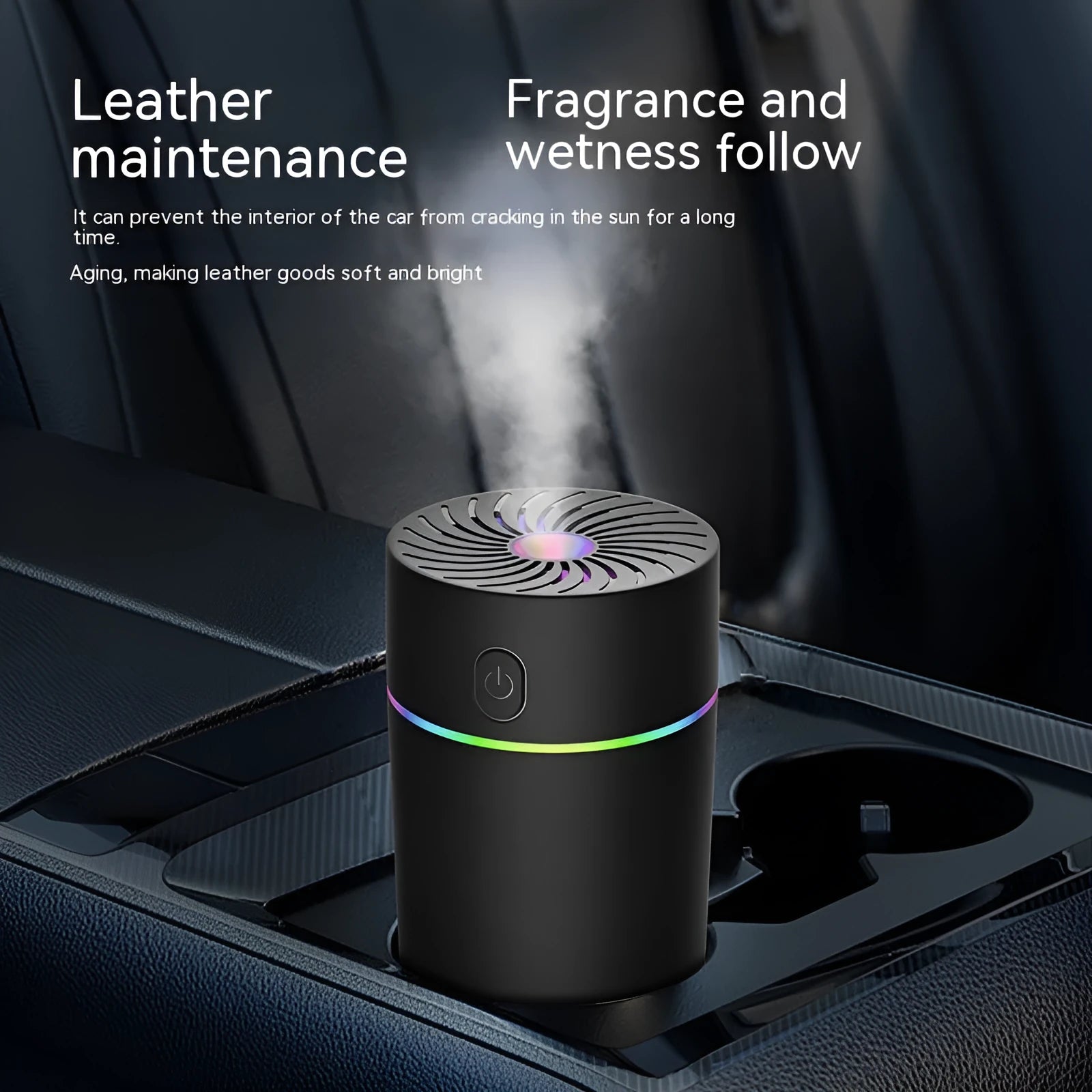 Compact black car USB humidifier with aromatherapy function on a dashboard