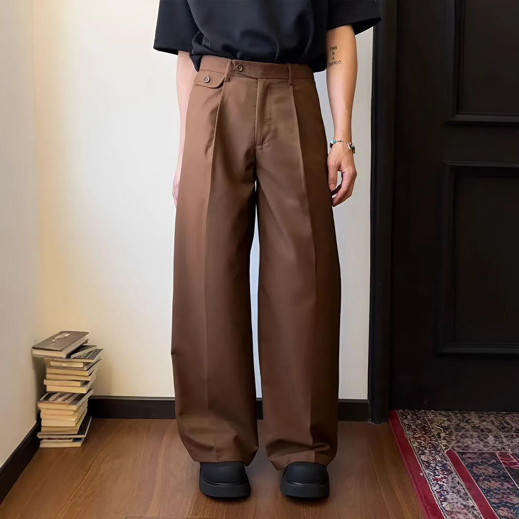 Men's straight leg trousers in black or brown with wide-leg casual styling
