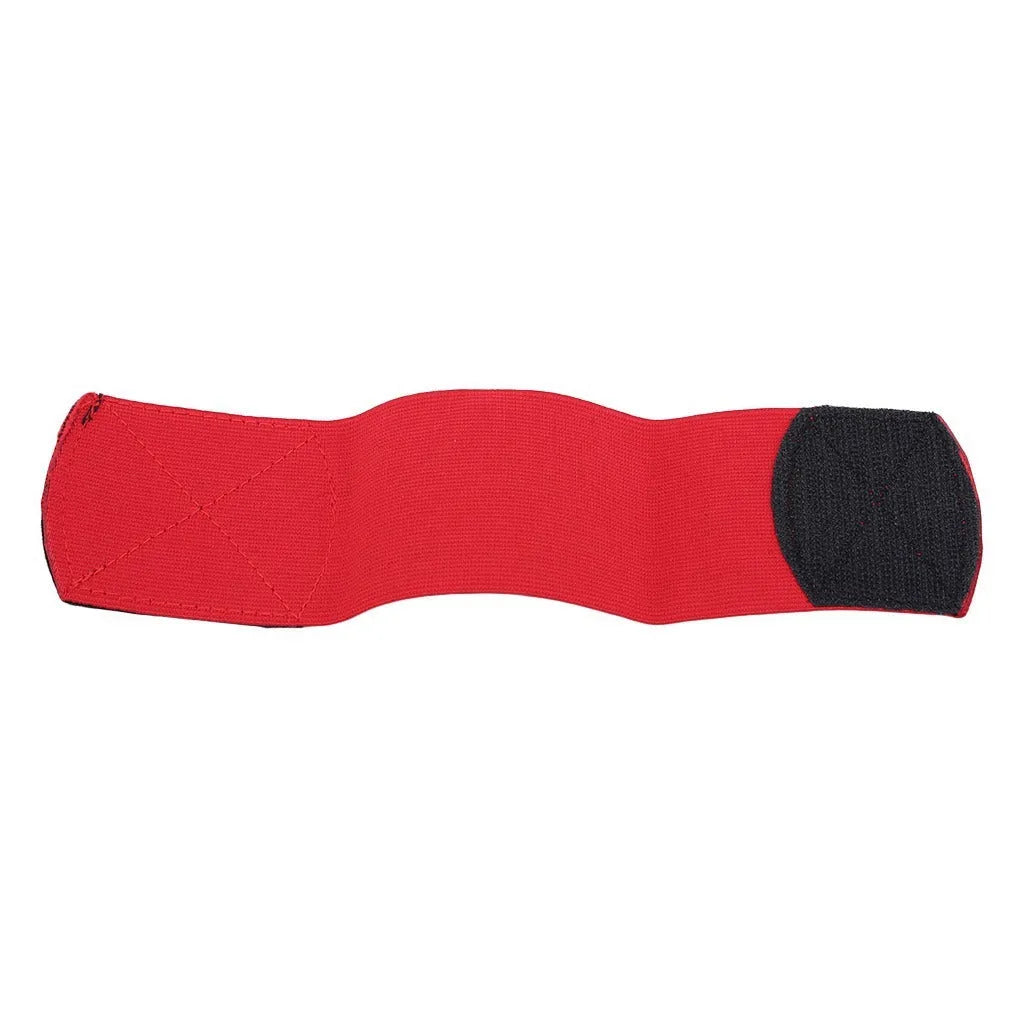 Rubber football shin guard tape belt showing black, blue, red, and white colour options with 25x6.5cm dimensions.