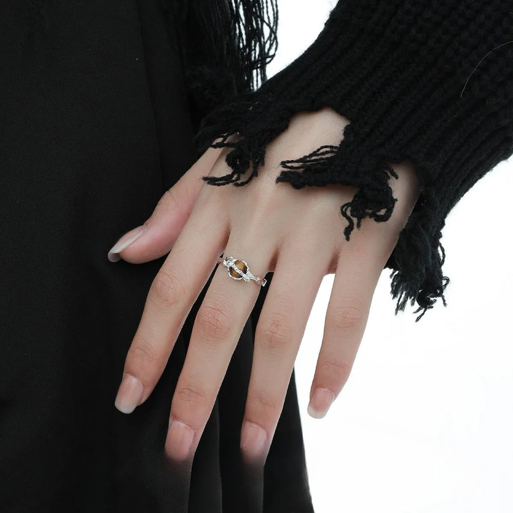 Saturn design adjustable silver open ring with white gold electroplating and tigereye pattern