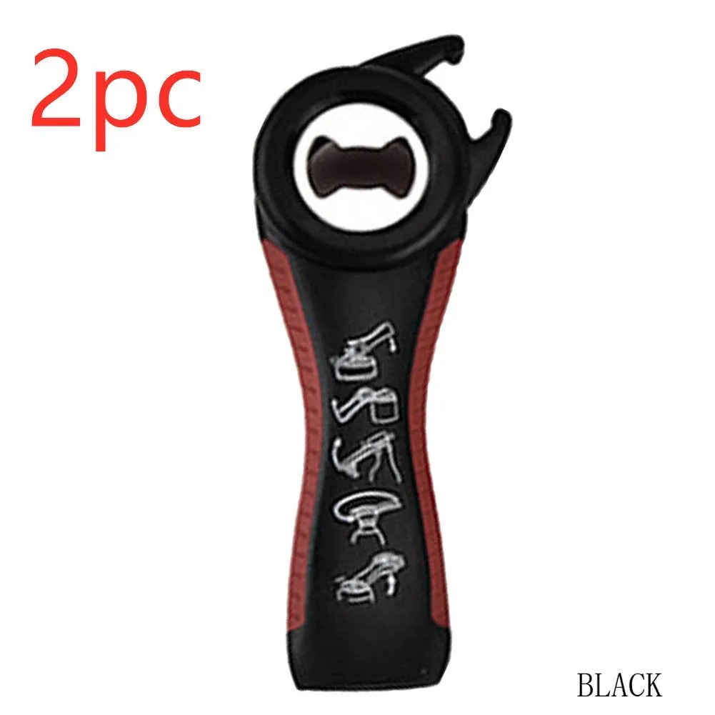 5 in 1 stainless steel can opener and bottle opener, 14.5 cm, with PP handle in black, green, purple, or white