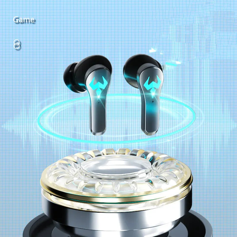 Black wireless sports earphones with in-ear design showing Bluetooth connectivity