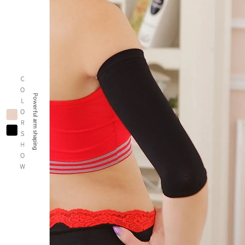 Women's free size shaping arm sleeves in black and skin colour nylon fabric