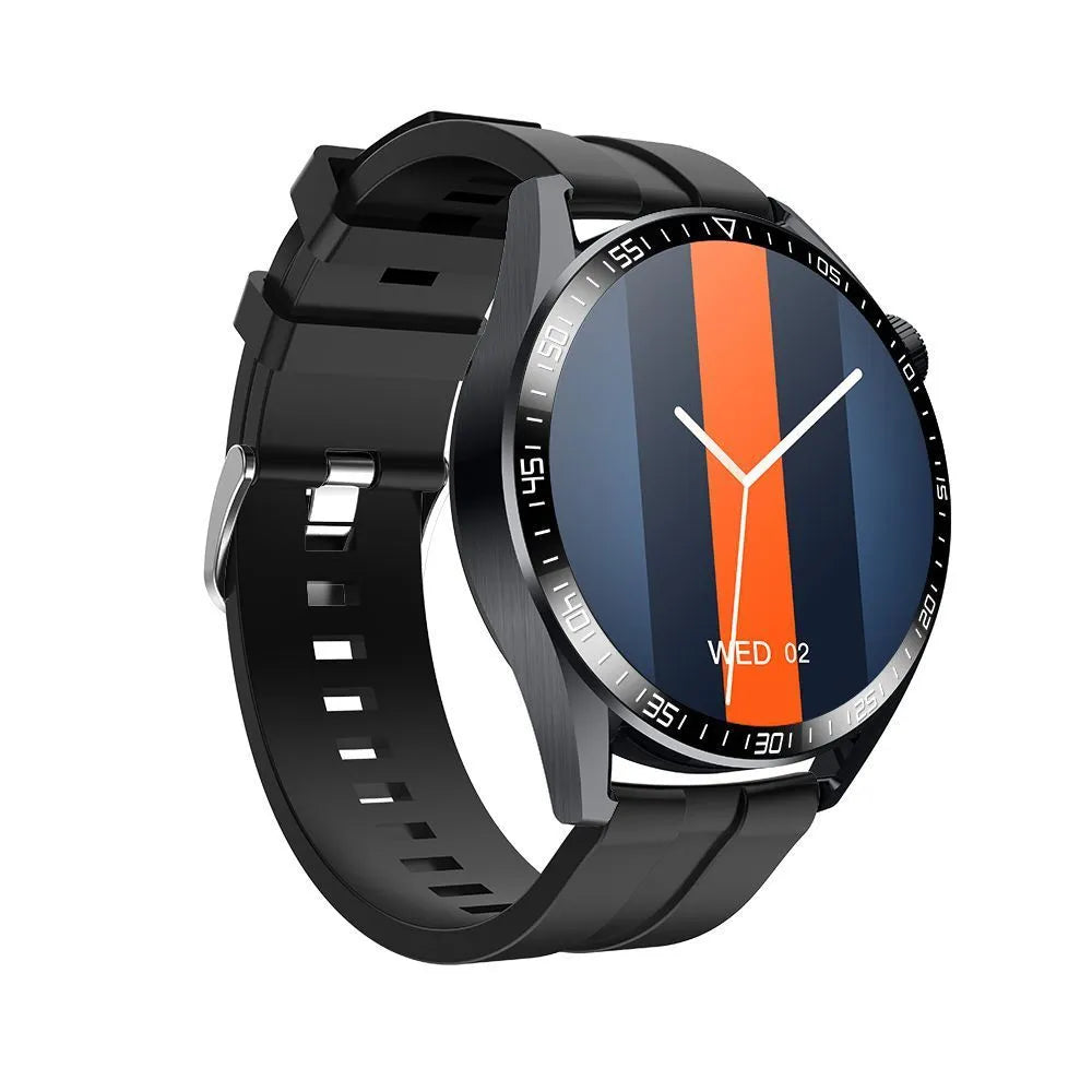 Black GS3 Max smartwatch with colour touch screen displaying health stats, on a silicone wristband.