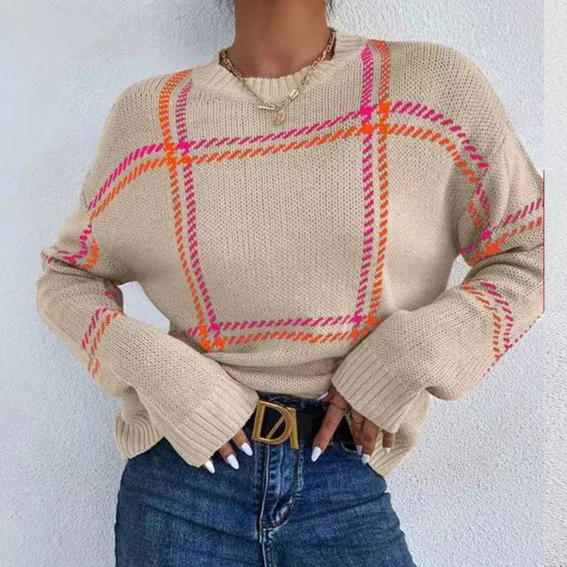 Women's loose-fitting plaid colour-block acrylic pullover sweater showing apricot, black, beige, red and green stripes