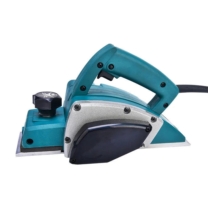 Red electric wood planer tool with aluminum shell showing 82mm planing width measurement