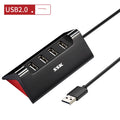 Black USB expansion dock with four ports and ABS construction measuring 100mm long