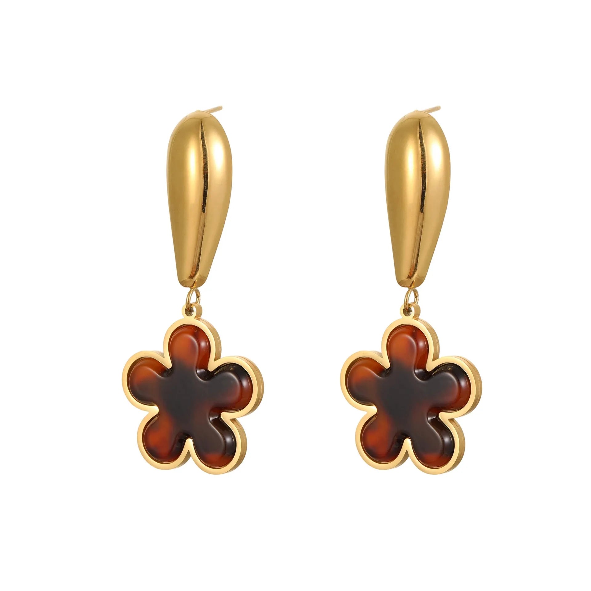 Tortoiseshell resin hawksbill colour earrings with stainless steel 18K gold electroplating in heart and flower shapes