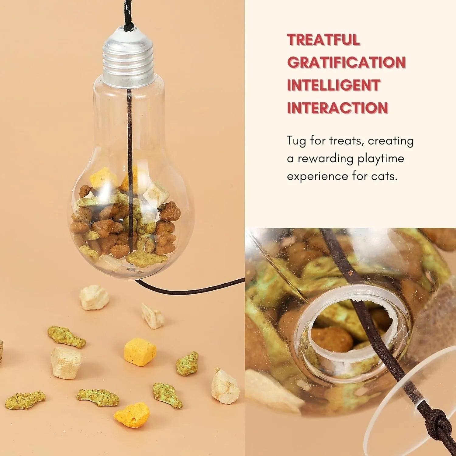 Interactive hanging cat toy with swinging mouse and chicken attachments, treat bulb, and retractable elastic rope