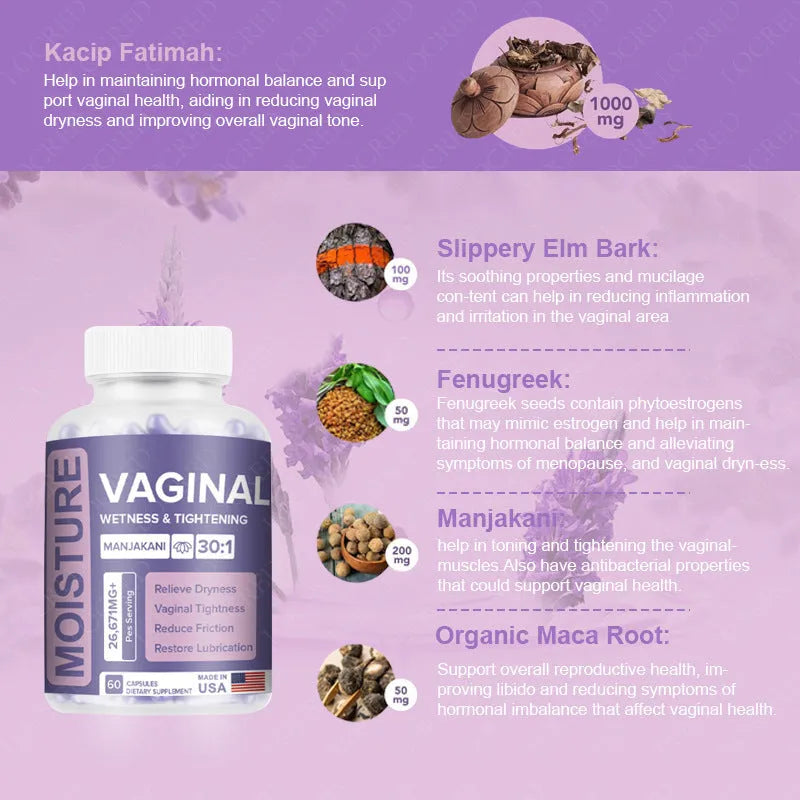 Bottle of 60 vaginal capsules with herbal extraction for adult feminine intimate wellness