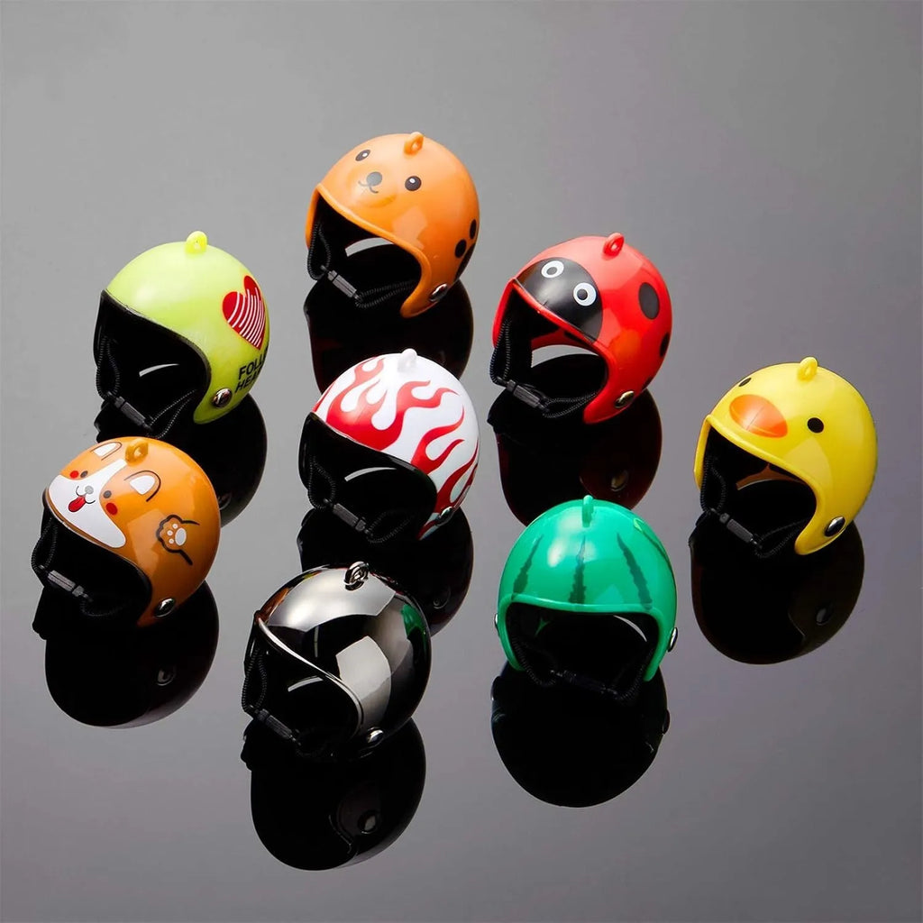 Small hard plastic pet safety helmet with sponge lining for a chicken or bird.