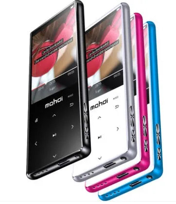 Silver portable MP3 player with a large 2.4-inch touchscreen displaying a music interface.