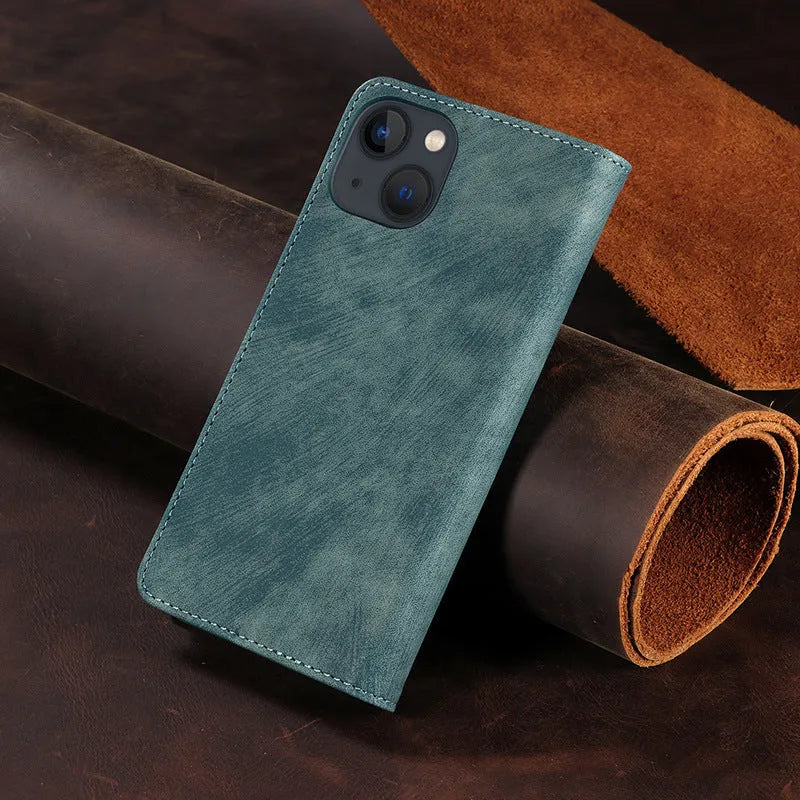 Magnetic flip phone case for iPhone in TPU and leather construction showing black colour option