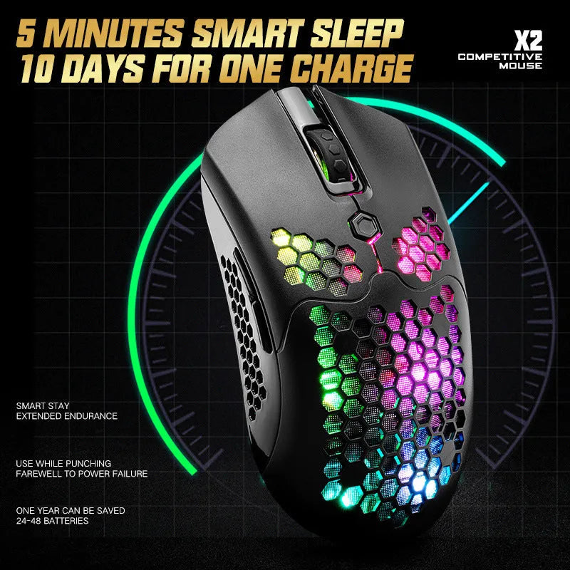 Free Wolf X2 wireless RGB gaming mouse in black, green, pink, white, or yellow with magnetic charger.