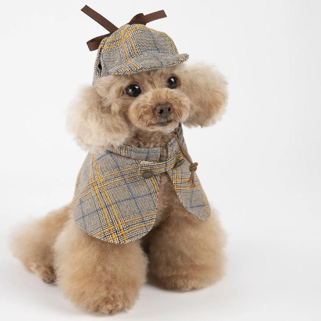 Camel detective dog costume in cotton with matching hat, available in sizes S, M and L